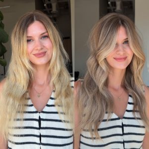 Jaime Marie showcasing a stunning hair transformation in Chilliwack, BC, with beautiful blonde highlights and soft waves, perfect for her Vancouver-based beauty clients.